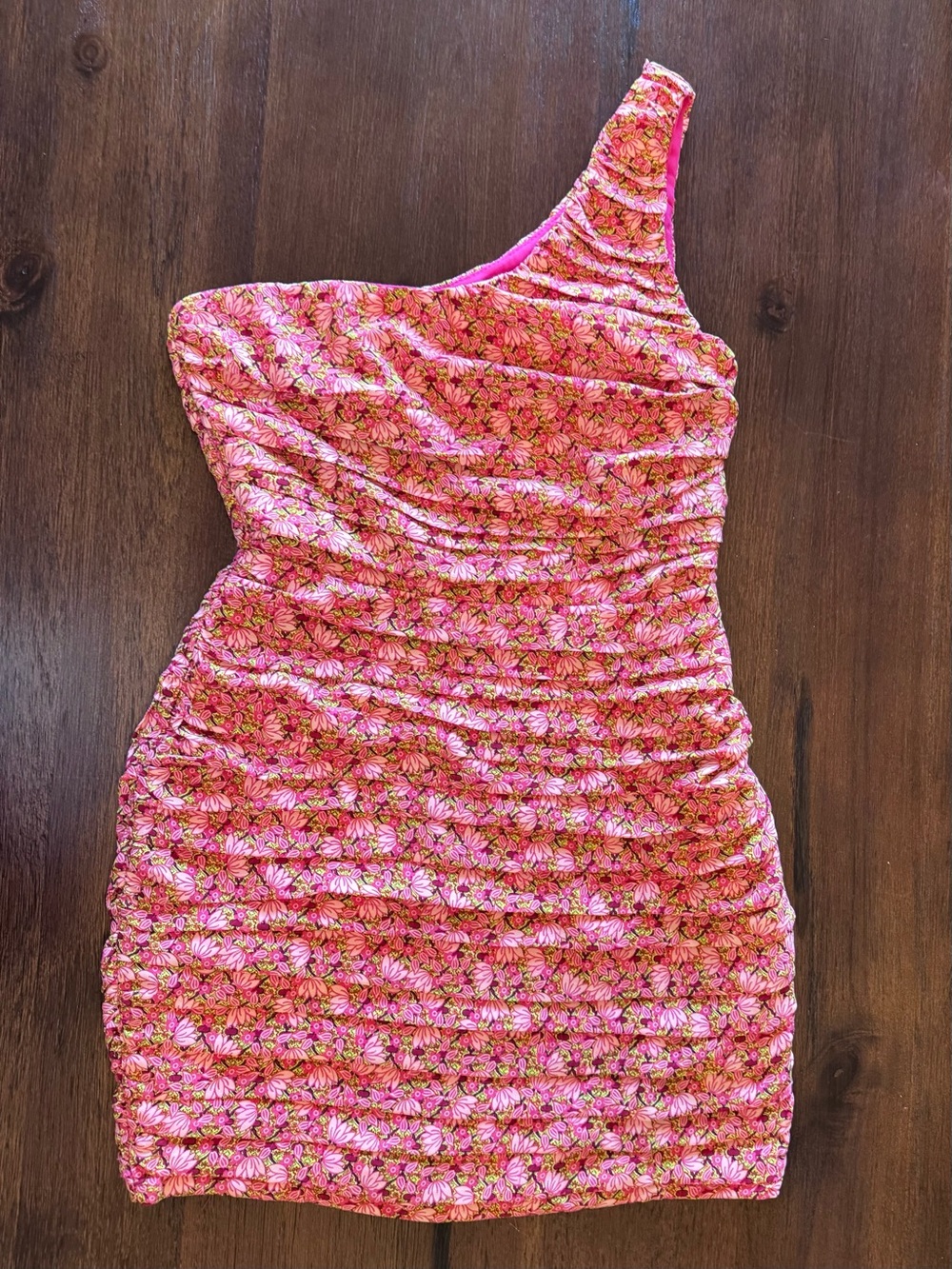 Lush One-Shoulder Mini Pink Floral Ruched Dress - S